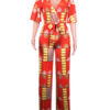 Women Long Jumpsuit Half Sleeve Cold Shoulder Orange Red Casual Jumpsuit
