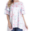 Women Short Sleeve Round Neck Floral Print Irregular T-shirts - Light Blue 4