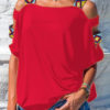 Women Solid Color Off Shoulder Short Sleeve Blouse - Image 4