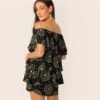 Boho Off The Shoulder Layered Ruffle Geometric Print Mini Dress - Image 4