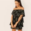 Boho Off The Shoulder Layered Ruffle Geometric Print Mini Dress - Image 2