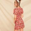 Boho Short Puff Sleeve Floral Fit and Flare High Waist Mini Dress - Image 5