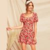 Boho Short Puff Sleeve Floral Fit and Flare High Waist Mini Dress - Image 4