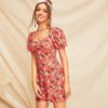 Boho Short Puff Sleeve Floral Fit and Flare High Waist Mini Dress - Image 3
