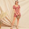 Boho Short Puff Sleeve Floral Fit and Flare High Waist Mini Dress - Image 2
