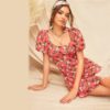 Boho Short Puff Sleeve Floral Fit and Flare High Waist Mini Dress