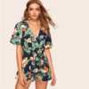 Boho Tropical Print Self Belted Wrap Romper
