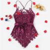 Criss Cross Eyelash Floral Lace Teddy Bodysuit Women One-Piece Sleep Pajamas
