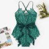 Criss Cross Eyelash Floral Lace Teddy Bodysuit Women One-Piece Sleep Pajamas - Image 11