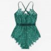 Criss Cross Eyelash Floral Lace Teddy Bodysuit Women One-Piece Sleep Pajamas - Image 13