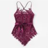 Criss Cross Eyelash Floral Lace Teddy Bodysuit Women One-Piece Sleep Pajamas - Image 2