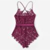 Criss Cross Eyelash Floral Lace Teddy Bodysuit Women One-Piece Sleep Pajamas - Image 3