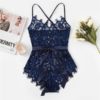 Criss Cross Eyelash Floral Lace Teddy Bodysuit Women One-Piece Sleep Pajamas - Image 6