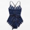 Criss Cross Eyelash Floral Lace Teddy Bodysuit Women One-Piece Sleep Pajamas - Image 7
