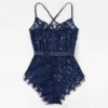 Criss Cross Eyelash Floral Lace Teddy Bodysuit Women One-Piece Sleep Pajamas - Image 8
