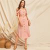 Glamorous Ruffle Trim Cami Crop Top And Buttoned Curved Hem Skirt Set Vacation - Image 5