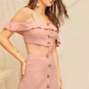Glamorous Ruffle Trim Cami Crop Top And Buttoned Curved Hem Skirt Set Vacation - Image 3