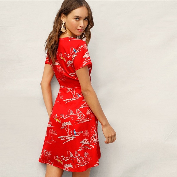 Knot Tropical Print Mini Boho A Line Fit and Flare Dress - Image 4