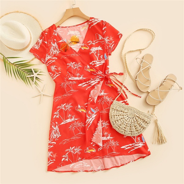 Knot Tropical Print Mini Boho A Line Fit and Flare Dress - Image 5