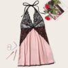 Lady Sexy Contrast Lace Bodice Night Dress Satin Women Sleepwear