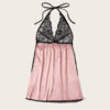 Lady Sexy Contrast Lace Bodice Night Dress Satin Women Sleepwear - Image 2