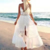 Long Boho Crochet Patch Spaghetti Strap Slit Open Front Pleated Slip Maxi Dress