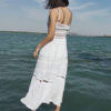 Long Boho Crochet Patch Spaghetti Strap Slit Open Front Pleated Slip Maxi Dress - Image 2