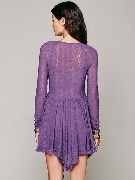 Long Sleeve Lace Dress Ruffles V Neck Mini Dress - Image 4