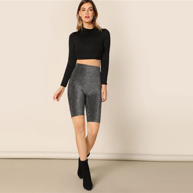 Modern Lady Solid Glitter Skinny Cycling Casual Short Legging - Image 3