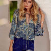Plus Size Blouse Balloon Sleeve Printed Lace Up Bohemian Loose Top