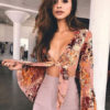 Sexy Crop Top Long Sleeve Plunging Neck Knotted Chiffon Floral Top