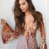 Sexy Crop Top Long Sleeve Plunging Neck Knotted Chiffon Floral Top - Image 2