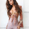 Sexy Crop Top Long Sleeve Plunging Neck Knotted Chiffon Floral Top - Image 4
