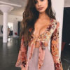 Sexy Crop Top Long Sleeve Plunging Neck Knotted Chiffon Floral Top - Image 6
