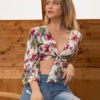 Sexy Crop Top Printed Knotted Tie Three Quarter Sleeve Women Wrap Top