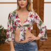 Sexy Crop Top Printed Knotted Tie Three Quarter Sleeve Women Wrap Top - Image 2
