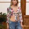 Sexy Crop Top Printed Knotted Tie Three Quarter Sleeve Women Wrap Top - Image 4