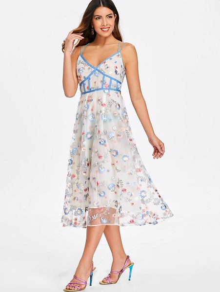 Spaghetti Strap Embroidered Midi Dress
