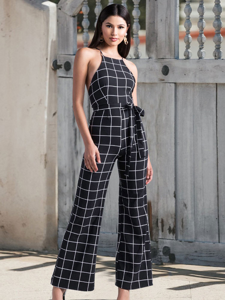 Wide Leg Plaid Backless Sleeveless Women One Piece Jumpsuit