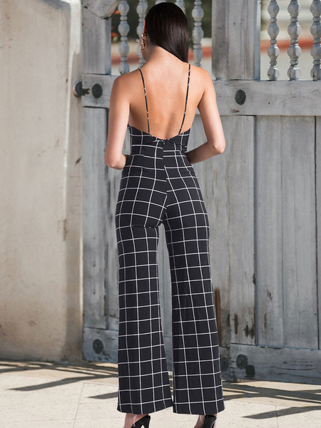 Wide Leg Plaid Backless Sleeveless Women One Piece Jumpsuit - Image 3