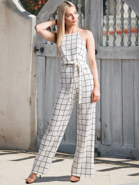 Wide Leg Plaid Backless Sleeveless Women One Piece Jumpsuit - Image 4