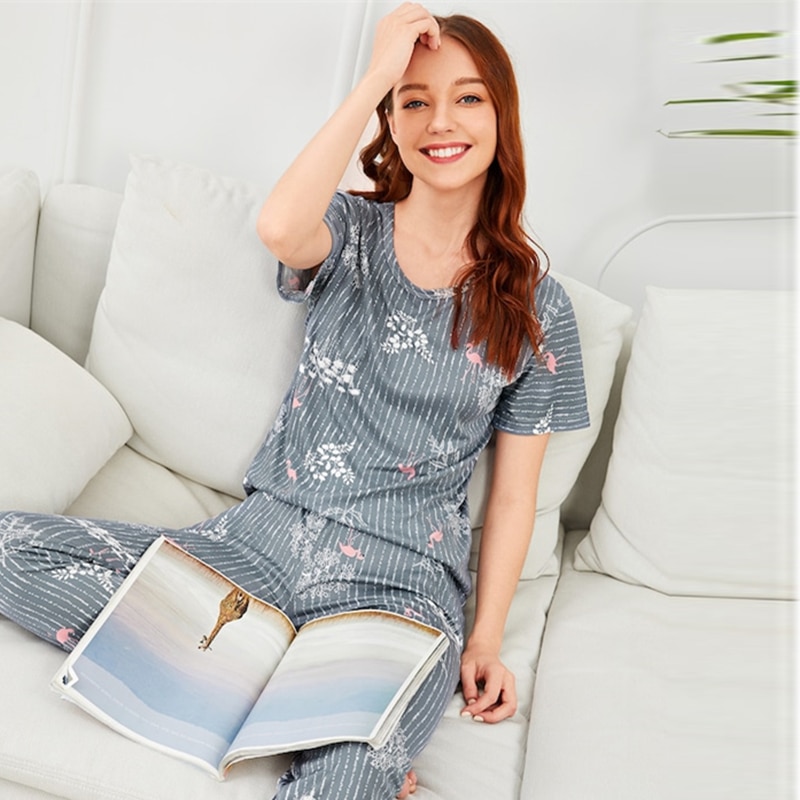 Women Flamingo Leaf Print Pajama Set Striped Short Sleeve Nightwear - Image 2