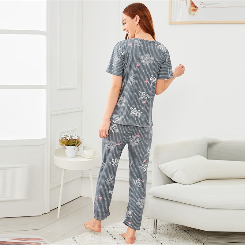 Women Flamingo Leaf Print Pajama Set Striped Short Sleeve Nightwear - Image 4