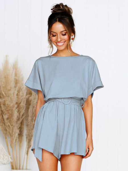 Women Romper Short Sleeve Bateau Neck Casual Playsuit