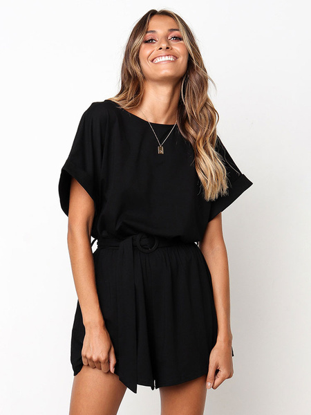 Women Romper Short Sleeve Bateau Neck Casual Playsuit - Image 8
