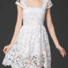 Women's Lace Dress Square Neck Cap Sleeve Wavy Hem Pleated Short Flare Dress