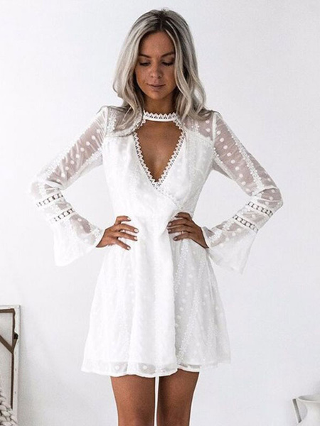 Women Long Sleeve V Neck Cut Out Polka Dot Skater Dress