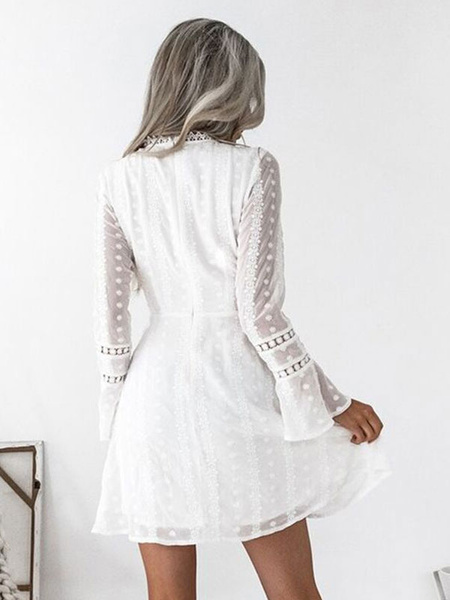 Women Long Sleeve V Neck Cut Out Polka Dot Skater Dress - Image 3