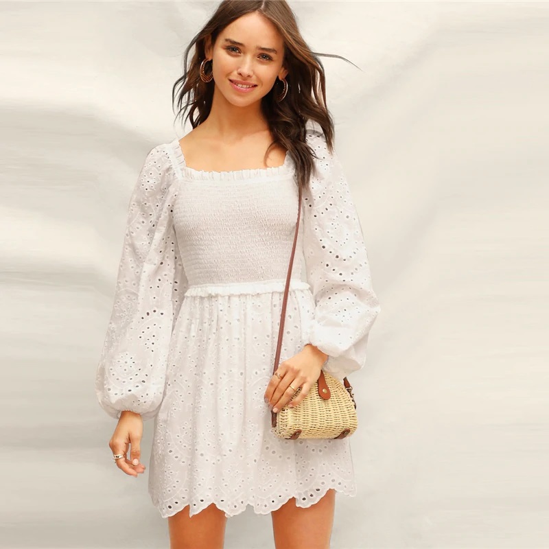 Women Square Neck Bishop Sleeve Dress - Image 5