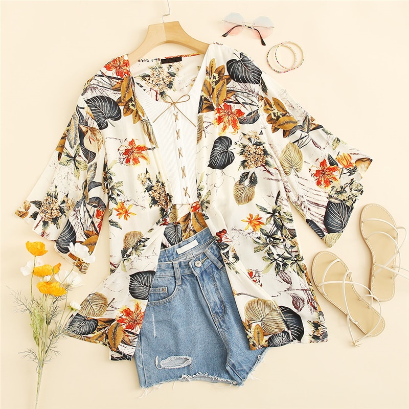 Boho Botanical Print Short Sleeve Kimono - Image 5